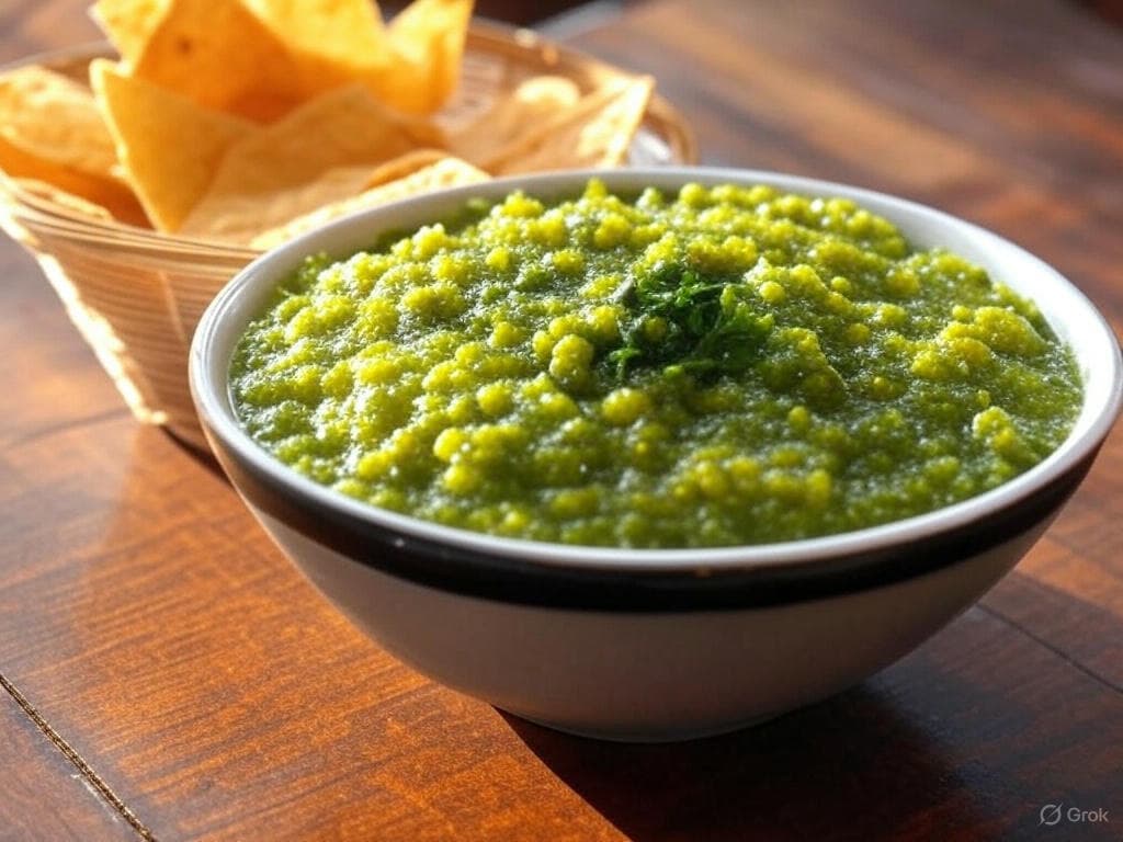 Bowl of Hatch Salsa Verde with tortilla chips
